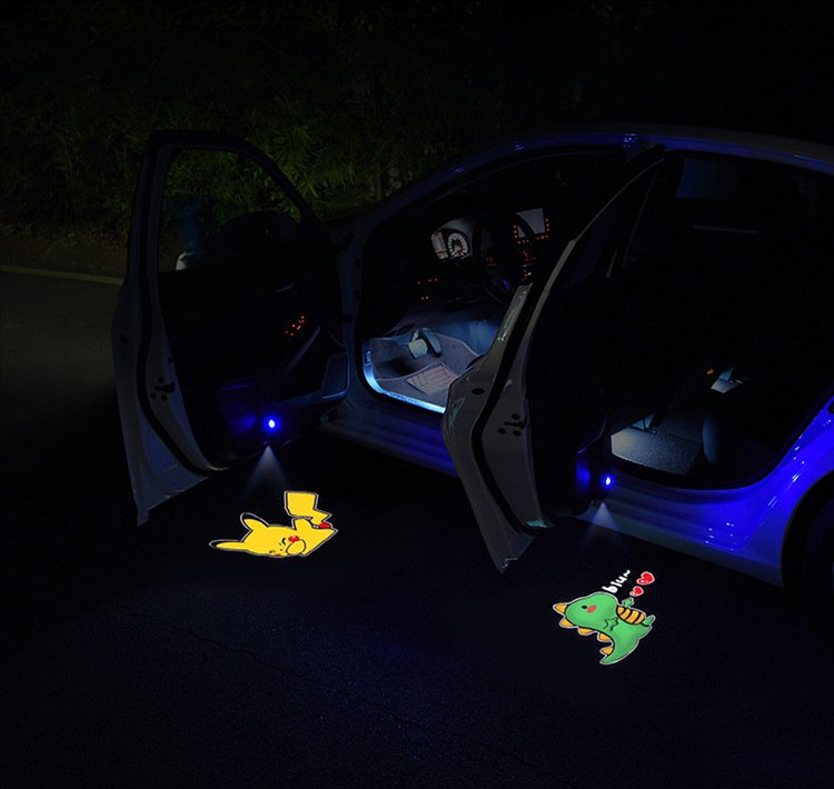 1/2/4pcs Novelty Dynamic Cartoon Car Light Rechargeable LED Projector Atmosphere Lamp Car Door Warning Light Pikachu Anime Decor